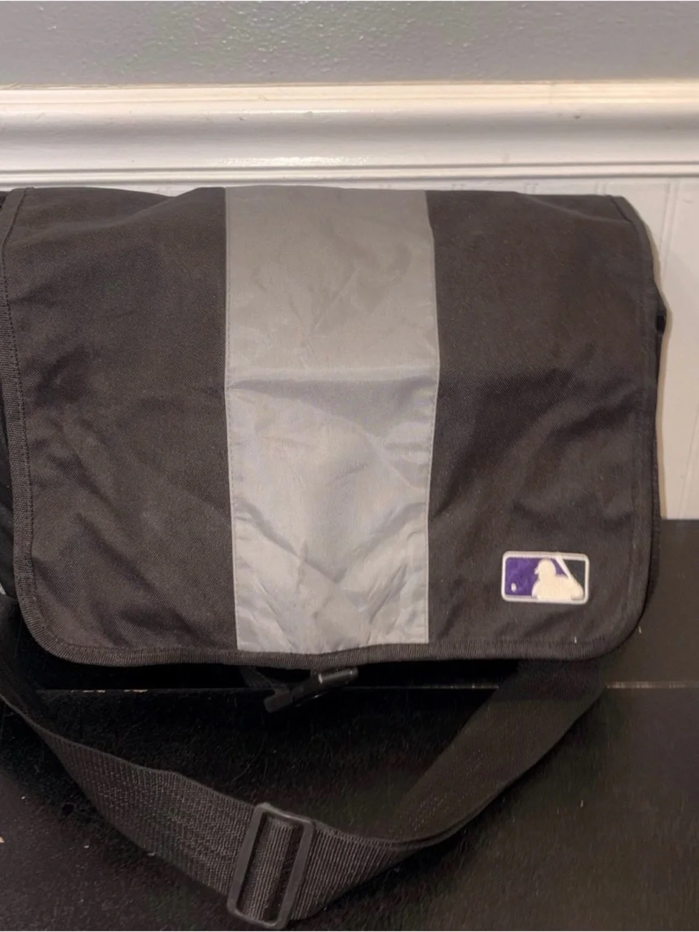 MLB Messenger Bag Black GrayMLB Messenger Bag Black Gray Stripe Adjustable Strap